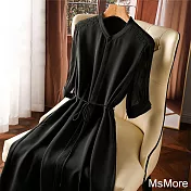 【MsMore】 絲質休閒襯衫式連身裙五分短袖質感收腰黑色長版洋裝# 121581 L 黑色