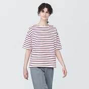 【MUJI 無印良品】女有機棉橫紋船領短袖T恤 M 粉紅橫紋