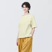 【MUJI 無印良品】女有機棉橫紋船領短袖T恤 M 煙燻黃橫紋