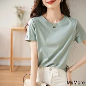 【MsMore】 豆綠簡約時尚百搭短袖紐扣設計棉舒適T恤短版上衣# 121441 2XL 綠色