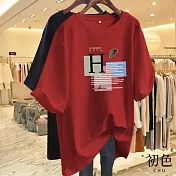 【初色】設計感字母拼色印花短袖T恤上衣-共6色-33123(M-4XL可選) 3XL 紅色