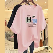 【初色】設計感字母拼色印花短袖T恤上衣-共6色-33123(M-4XL可選) 3XL 粉紅色