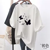 【初色】蝴蝶印花中長款短袖T恤上衣-共2色-33118(M-2XL可選) 2XL 白色