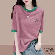 【初色】休閒圓領撞色短袖T恤上衣-共5色-69359(M-2XL可選) 2XL 紫色