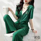 【初色】拉鍊連帽短袖T恤上衣+休閒闊腿長褲套裝-綠色-67584(M-2XL可選) 2XL 綠色