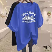 【初色】中大碼圓領撞色城堡印花短袖T恤上衣女上衣-共8色-33198(M-2XL可選) L 藍色