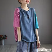 【ACheter】 棉短袖t恤寬鬆圓領文藝風大碼拼色短版上衣# 121158 L 牛仔藍色