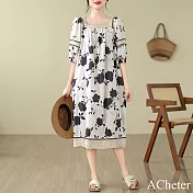 【ACheter】 大碼方形領時尚短袖寬鬆印花蕾絲拼接長款連身裙洋裝# 121232 3XL 杏色