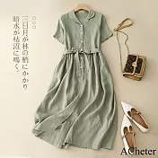 【ACheter】 文藝復古棉麻感氣質短袖連身裙翻繫腰大擺長版洋裝# 121449 L 綠色