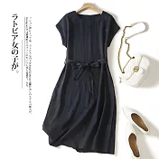 【ACheter】 文藝復古棉麻感連身裙簡約系帶中長款短袖圓領洋裝# 121451 2XL 黑色