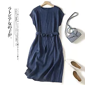 【ACheter】 文藝復古棉麻感連身裙簡約系帶中長款短袖圓領洋裝# 121451 L 深藍色