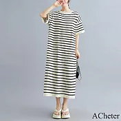 【ACheter】 針織條紋圓領短袖連身裙長版寬鬆洋裝# 121470 FREE 杏色