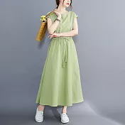 【ACheter】 文藝大擺裙可收腰寬鬆大碼棉麻感圓領蓋短袖連身裙純色洋裝# 121471 L 綠色