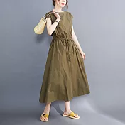 【ACheter】 文藝大擺裙可收腰寬鬆大碼棉麻感圓領蓋短袖連身裙純色洋裝# 121471 L 軍綠色