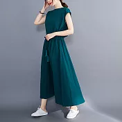 【ACheter】 文藝大擺裙可收腰寬鬆大碼棉麻感圓領蓋短袖連身裙純色洋裝# 121471 L 墨綠色