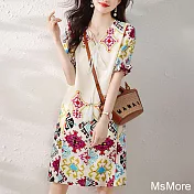 【MsMore】 民族風流蘇V領短袖連身裙渡假風氣質顯瘦飄逸中長版洋裝# 121493 M 米白色