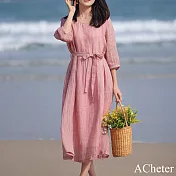 【ACheter】 棉麻感圓領文藝大碼寬鬆遮肚飄逸七分袖大擺連身裙長洋裝# 121572 M 粉紅色