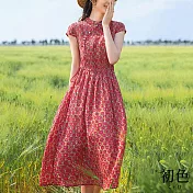 【初色】日系棉麻風涼爽透氣中大碼短袖洋裝連身裙-共12款任選-67993(M-2XL可選) M D.紅色