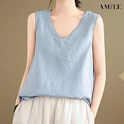 【AMIEE】文藝棉麻V領內搭無袖上衣(KDTY-8007) 2XL 天藍色