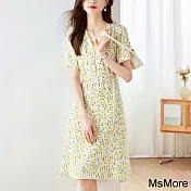 【MsMore】 淺黃碎花短袖連衣裙雪紡中長版收腰顯瘦優雅洋裝# 121404 L 黃色
