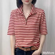 【MsMore】 網紅同款立領中袖T恤寬鬆顯瘦百搭條紋拉鍊短版上衣# 121423 2XL 紅色