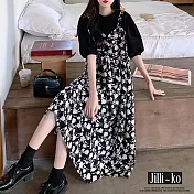 【Jilli~ko】假兩件溫柔風夏季碎花寬鬆吊帶連衣裙女 J11777 FREE 黑色