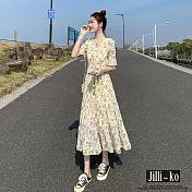 【Jilli~ko】V領碎花荷葉邊收腰蛋糕桔梗連衣裙 J11791  FREE 黃色