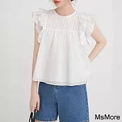 【MsMore】 風琴褶飛飛短袖寬鬆遮肚子白色短版上衣# 121501 L 白色