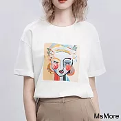 【MsMore】 印花短袖T恤休閒減齡圓領短版上衣# 121505 2XL 白色
