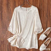 【MsMore】 奢感新中式白色盤扣絲質圓領五分袖圓領短版上衣# 121530 XL 米色