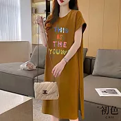 【初色】純色印花休閒短袖港風大碼連衣裙洋裝-5款任選-33653(M-2XL可選) 2XL C.咖色