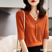 【MsMore】 優雅氣質時尚V領短袖優雅美感針織衫短版上衣# 121645 FREE 橘紅色