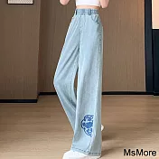 【MsMore】 新款天絲感牛仔褲國風刺繡直筒窄版休閒闊腿長褲# 121785 M 藍色
