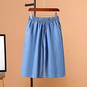 【ACheter】 垂感柔軟天絲感牛仔薄款五分闊腿短褲鬆緊高腰# 121800 3XL 深藍色