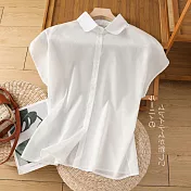 【ACheter】 純棉圓領設計感寬鬆小飛袖棉麻襯衫短版上衣# 121829 M 白色