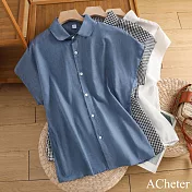 【ACheter】 純棉圓領設計感寬鬆小飛袖棉麻襯衫短版上衣# 121829 M 藍色