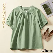 【ACheter】 文藝圓領短袖寬鬆棉麻感短版純色上衣# 121830 M 綠色
