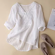 【ACheter】 短袖氣質刺繡V領棉麻感上衣寬鬆短版# 121835 M 白色