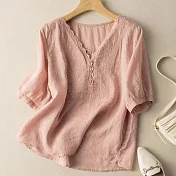 【ACheter】 短袖氣質刺繡V領棉麻感上衣寬鬆短版# 121835 M 粉紅色