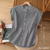 【ACheter】 日系棉麻感襯衫小立領寬鬆舒適休閒無袖背心短版上衣# 121836 M 格子色