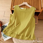 【ACheter】 棉麻吊帶背心寬鬆薄款內搭亞麻感無袖短版圓領亮色上衣# 121839 M 黃色