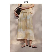 ltyp旅途原品 進口100%精梳麻文藝印花傘裙 時尚優雅A字半身裙女 M L L 霧黃色