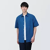 【MUJI 無印良品】男棉水洗平織布短袖襯衫 XS 藍色