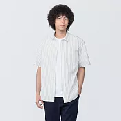 【MUJI 無印良品】男棉水洗平織布短袖襯衫 XS 白直紋
