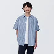 【MUJI 無印良品】男棉水洗平織布短袖襯衫 XS 深藍直紋