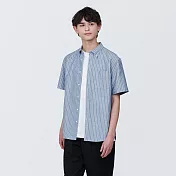 【MUJI 無印良品】男有機棉水洗牛津布扣領短袖襯衫 S 深藍直紋