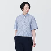 【MUJI 無印良品】女有機棉涼感平織布標準領短袖襯衫 S 藍格紋