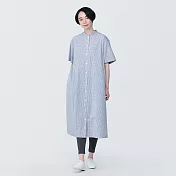 【MUJI 無印良品】女有機棉涼感平織布立領短袖洋裝 S 藍格紋
