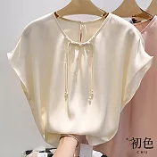【初色】純色圓領盤扣釘珠連肩袖短袖雪紡衫上衣女上衣-共3色-33426(M-2XL可選) XL 白色