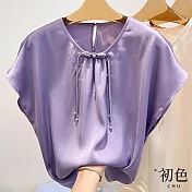 【初色】純色圓領盤扣釘珠連肩袖短袖雪紡衫上衣女上衣-共3色-33426(M-2XL可選) XL 紫色